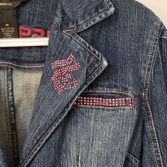 ROCAWEAR Distressed Denim Pink Bedazzled Glam Rock Jean Jacket - Picture 5 of 12